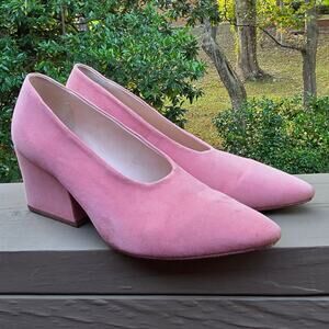 Pink Suede Pumps Loeffler Randall Size 7 Chunky Heel Pointed Toe Leather Sole